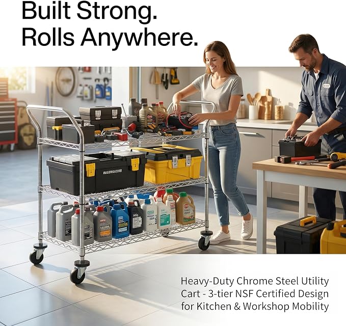 Finnhomy 3-Tier Commercial Grade Rolling Cart, Heavy Duty Utility Carts with Wheels and Handles, Kitchen Trolly on Wheels, Metal Serving Shelves with 700 lbs Capacity, Shelf Size 24" D x 48" W, NSF
