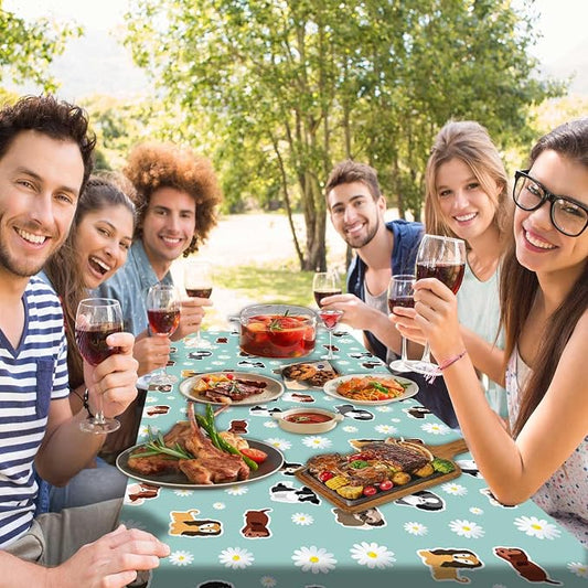 Cute Dog Picnic Table Cover with Bench Covers Camping Essentials Waterproof Windproof Funny Animal Daisy Flower Table Cover Fitted Tablecloth Cover with Elastic Edge for Outdoor 3 PCS 30x72 Inch