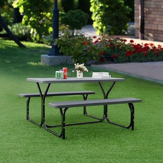 GYMAX Picnic Table, Picnic Bench Easy to Assemble w/All Weather Wood Grain Tabletop & Metal Frame, Picnic Tables for Outdoors Camping Backyard Deck Patio Poolside Dining Party