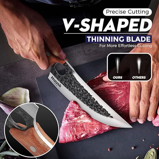Huusk Chef Knife - Upgraded Viking Hand Forged Meat Cleaver With Sheath - Japanese Butcher Curved Boning Knife for Cutting, Cooking, Kitchen, Outdoor Camping, and BBQ, Gifts for Men Women