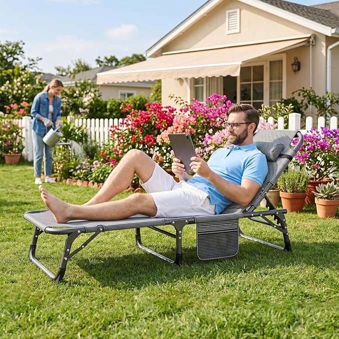ABORON 4-in-1 Lounge Chair, Padded Cushion, Heavy-Duty 440LB 3-Fold Adjustable Recliner Chaise Chair, No Assembly for Patio, Poolside, Camping, Tanning (1, Quartz Adriatic)