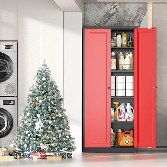 INTERGRAET Kitchen Pantry Cabinet, 63" Tall Metal Pantry Storage Cabinets with 2 Doors and 4 Shelves, Metal Storage Cabinet,Cupboard for Home,Kitchen,Living Room/Dining, Black Red