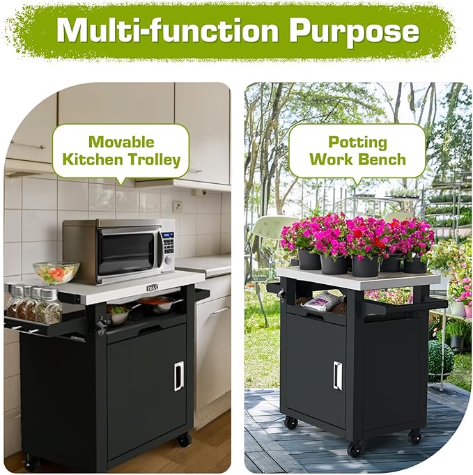NUUK Grill Table with Storage Cabinet, Outdoor Bar Cart Pizza Oven Table with Wheels, Stainless Steel Top Kitchen Island 20" x 30" Rolling Prep Station for Indoor, BBQ, Deck, Backyard