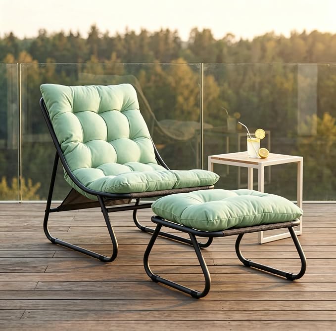 Rocking Chair with Ottoman, Modern Metal Frame Outdoor Rocker, Comfy Patio Lounge Chair with Footrest, Reading Glider Chairs for Living Room, Bedroom, Balcony, Garden, Relax, Light Green
