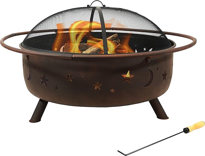 Sunnydaze Cosmic 42-Inch Large Outdoor Fire Pit - Wood-Burning Firepit for Outside Patio, Backyard, Deck - Steel - Wood Grate, Spark Screen, and Fireplace Poker Included - Bronze - 34” Bowl Diameter
