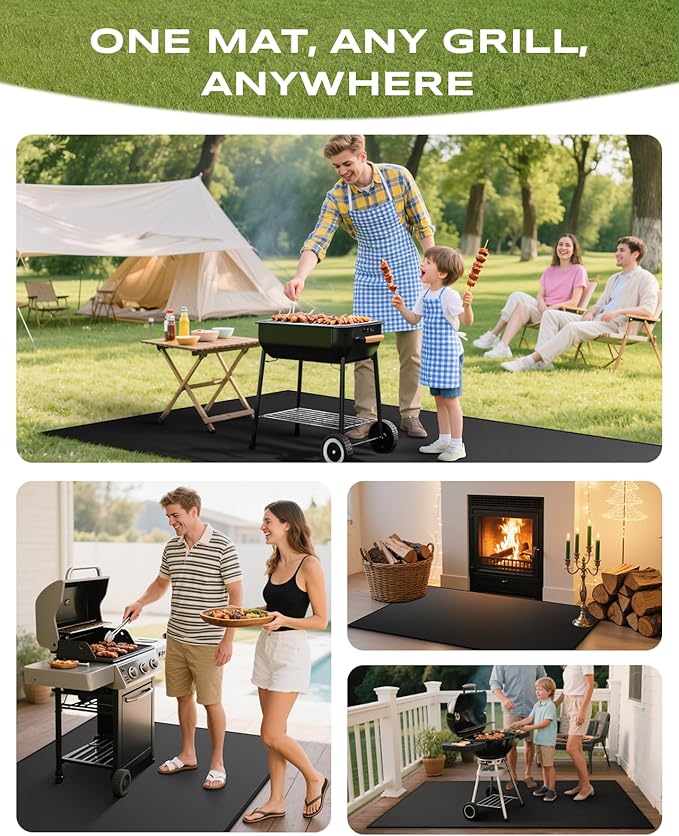 Non-Curl 60x40 inch Under Grill Mats for Outdoor Grill, Indoor Fire Pit Hearth Rugs for Fireplace, Double-Sided Fireproof, Oilproof & Waterproof BBQ Grill Mat, Easy to Clean,for Deck/Patio/Lawn