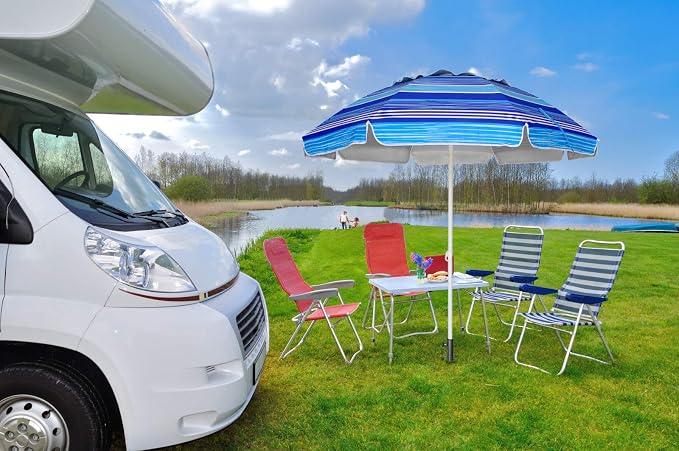 AMMSUN 6.5 ft Heavy Duty Beach Umbrella for Sand with tilt Air Vent Sun Shelter, UV 50+ Protection Outdoor Sunshade Umbrellas and Parasols with Carry Bag for Patio Garden Beach Pool stripe Blue
