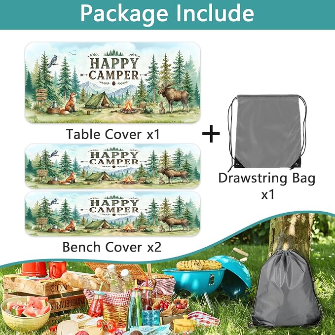 Picnic Table Cover with Bench Covers and Bag, Wildlife Animals Forest Mountain Waterproof Elastic Fitted Tablecloths for Rectangle Tables, Washable Tablecloth for Camping, Outdoor, 3 Pcs, 30x72 Inch