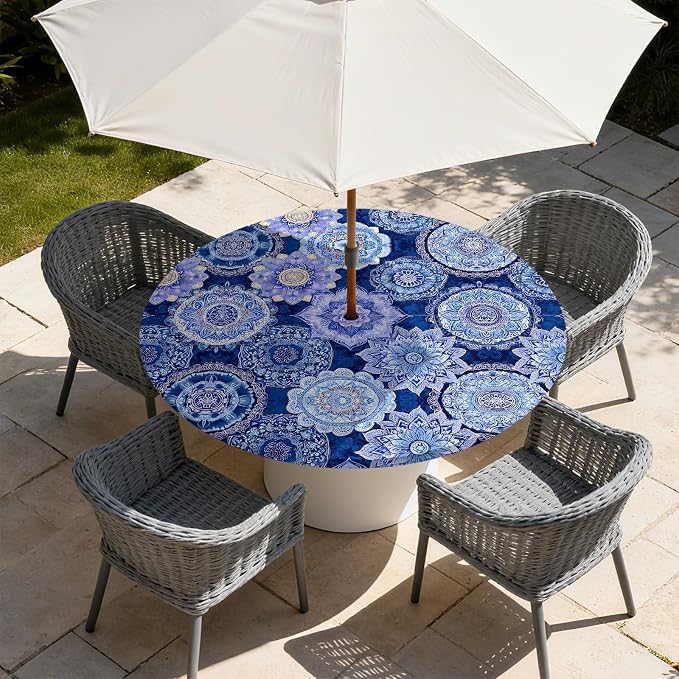 Outdoor Tablecloth with Umbrella Hole and Zipper Fits 61-65" Tables | Waterproof Round Fitted Tablecloth with Elastic Edge, Wipeable Outdoor Table Cover for Patio, Garden, Picnic