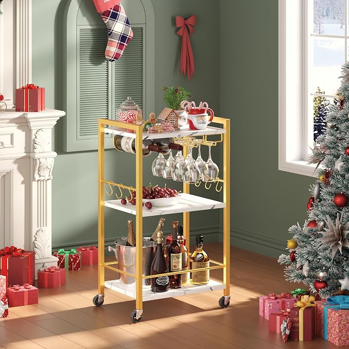 TUTOTAK Bar Cart with Wheels, Mini Drink Cart with Wine Rack & Glass Holder | 3-Tier 17 Inch Wide Home Bar Serving Carts, Small Mobile Kitchen Shelf with 6 Hooks, Marble Gold BC01BMG035