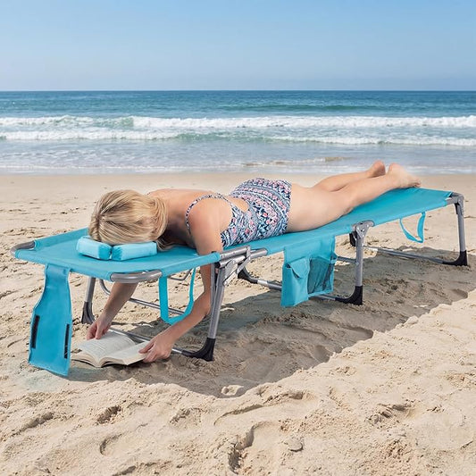 COSTWAY Tanning Chair with Face Hole, Folding Beach Lounge Chair with 4-Position Adjustable Backrest, Pillow & Side Pocket, Foldable Chaise Lounge Chair Outdoor for Sunbathing, Camping (1, Turquoise)