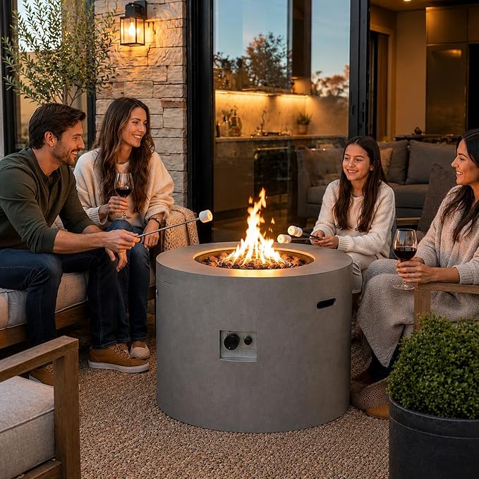 Kinger Home Loren 32-Inch Round Propane Fire Pit Table, Alloy Steel Outdoor Fire Pit with 50,000 BTUs, Includes a Burner lid, Lava Rocks and Weather Cover