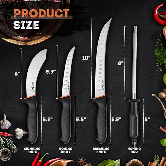 Golden Bird Butcher Knife Set - 4 Piece Professional BBQ Knife Set Include 6" Boning, 6" Skinning, 10" Butcher Breaking Knives & 8" Sharpener Rod, Gifts for Men Women