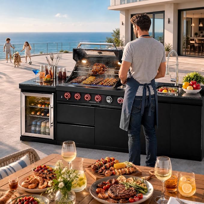 98" 4-Burner Modular Outdoor Kitchen Island, 72000 BTU Propane Gas Grill | 4 Burners & Side Stove, Rear Infrared, Granite Countertop, Fridge, 360°Faucet,304 Sink, Rotisserie, Storage Cabinet