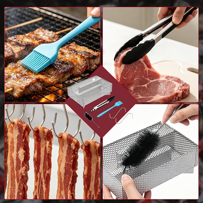 MYFULLY 5" x 8" Pellet Smoker Tray, 12 Hours Billowing Maze Smoker Box, Stainless Steel Cold Smoke Generator for Hot & Cold Smoking Meat Fish Cheese Pork, Fit Any Grill or Smoker, with Cleaning Tools