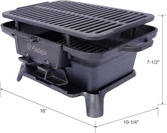 Portable Oval Cast Iron Grill - Compact Charcoal Grill with Tabletop Skillet, for Camping, Picnics, Tailgating, and Outdoor Cooking - Ultimate Heat Retention and Easy Cleanup