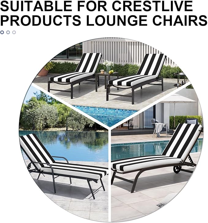 Crestlive Outdoor Chaise Lounge Cushions, 3 Years Fade Resistant Water Resistant Lounge Chair Cushion, 80''L x 23''W, Set of 2, Black Cabana Stripe