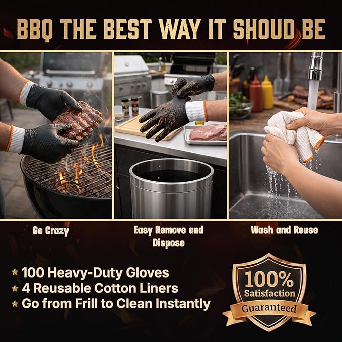 PepperMate BBQ Disposable Gloves with Cotton Liners – 10 Mil Heat Resistant Nitrile Gloves for Grilling, Smoking & Meat Handling – Non-Slip, Heavy Duty, Food Safe (100 Count + 4 Liners) Large