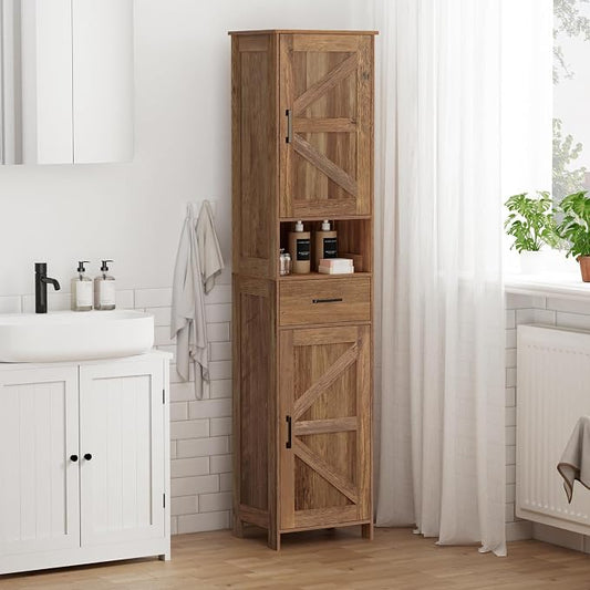 Homhedy 67" H Tall Bathroom Storage Cabinet with Barn Doors and Drawer | Narrow Storage Unit with Adjustable Shelves, Floor Cabinet for Bathroom, Living Room, Entryway,Kitchen,Rustic Walnut, 15.7" W