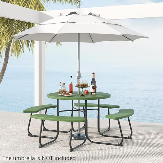 COSTWAY Round Picnic Table with Umbrella Hole, Outdoor Picnic Table with Bench Set for 4-8 People, HDPE Tabletop, Patio Dining Furniture Set for Family Gatherings, BBQ Party, Backyard (Green)