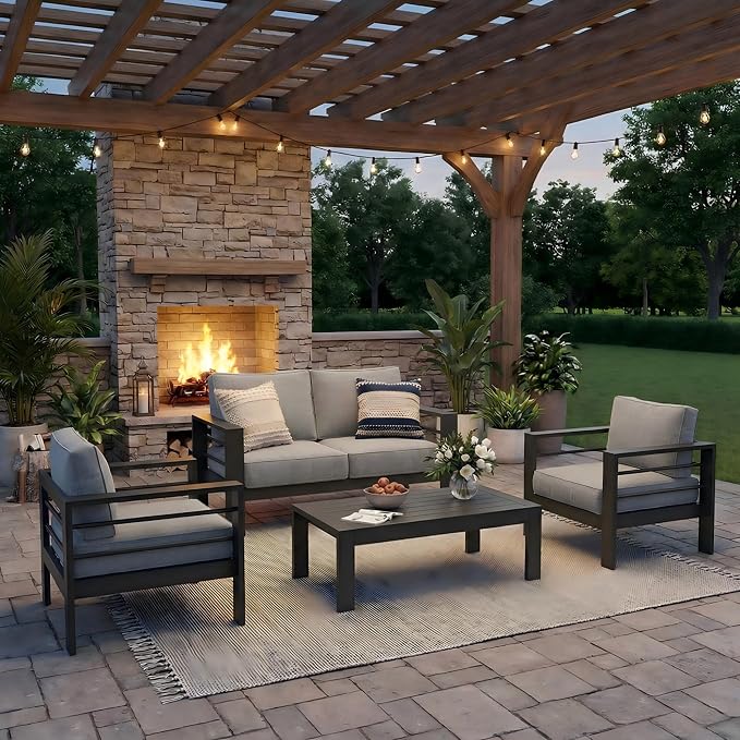Solaste Aluminum Outdoor Patio Furniture Set, 4 Seats Patio Sectional Sofa with 5" Thick Cushion, Outdoor Patio Set with Coffee Table for Porch, Backyard, Deck, Yard, Light Grey