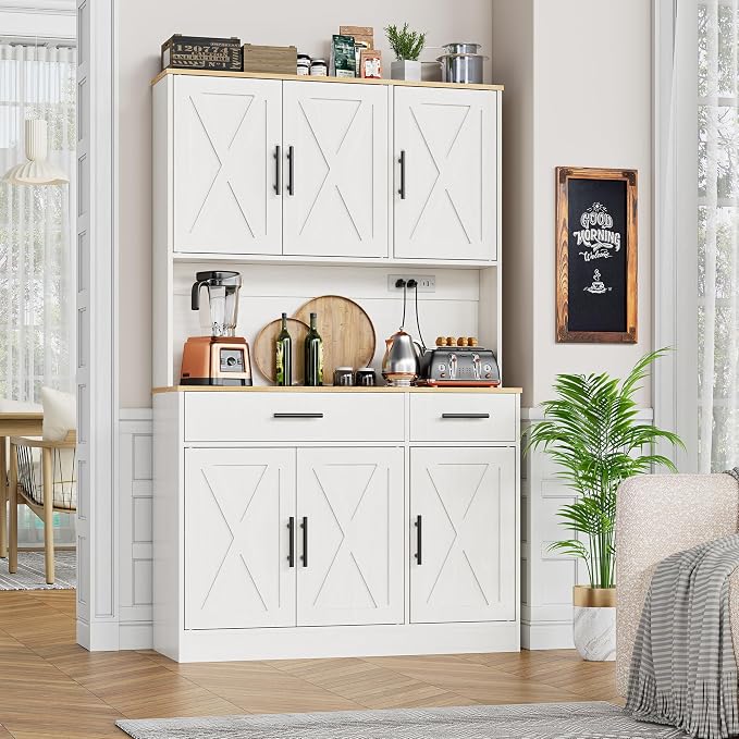 Shintenchi Pantry Cabinet with Charging Station, 70” Tall Kitchen Storage Cabinet with Microwave Stand, Storage Drawers & Adjustable Shelves, Large Capacity Kitchen Hutch for Dining Room, White