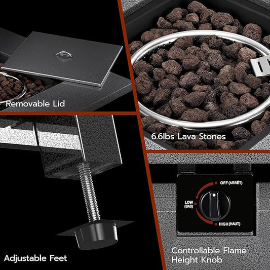 Xbeauty Propane Fire Pit Table, 28" Outdoor Gas Fire Pit Table, 40,000 BTU Auto-Ignition Fire Tables with Lid, Rain Cover and 3 Pounds Lava Stones for Outside Garden Backyard Deck Patio (Square)