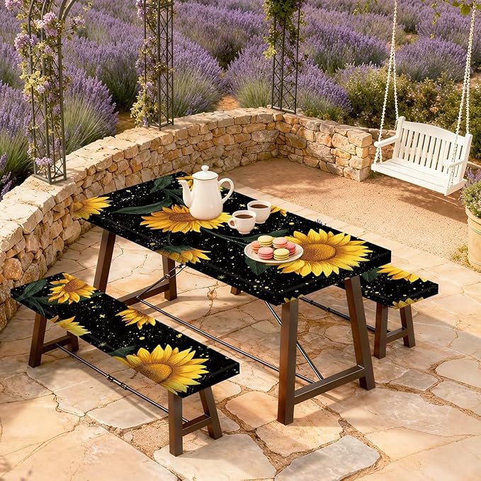 Picnic Table Cover with Bench Covers Sunflower, Waterproof Windproof Elastic Fitted Tablecloth for 6FT Rectangle Tables, Outdoor Camping Patio Garden BBQ Table Cover Set