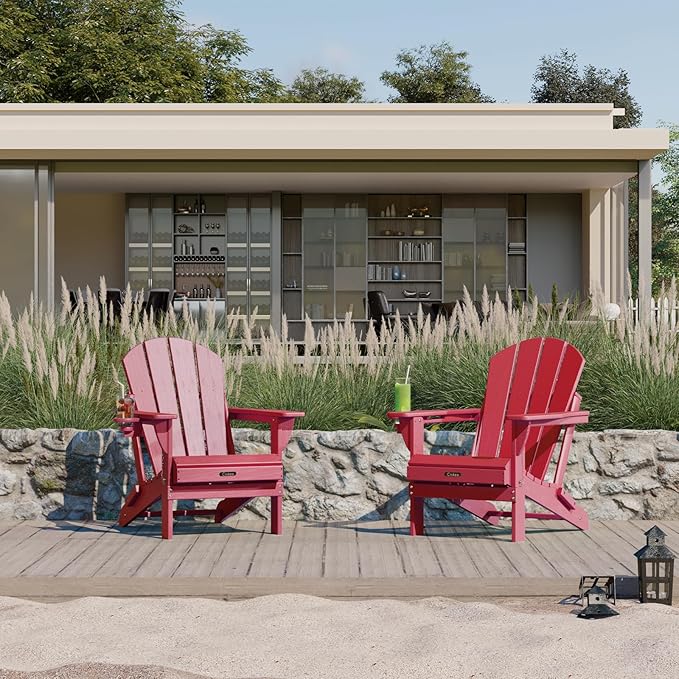 Ciokea Folding Adirondack Chair 4 Pack, Patio Adirondack Chair Weather Resistant, Plastic Fire Pit Chair with Cup Holder, Lawn Chair for Outdoor Porch Garden Backyard Deck (Red)
