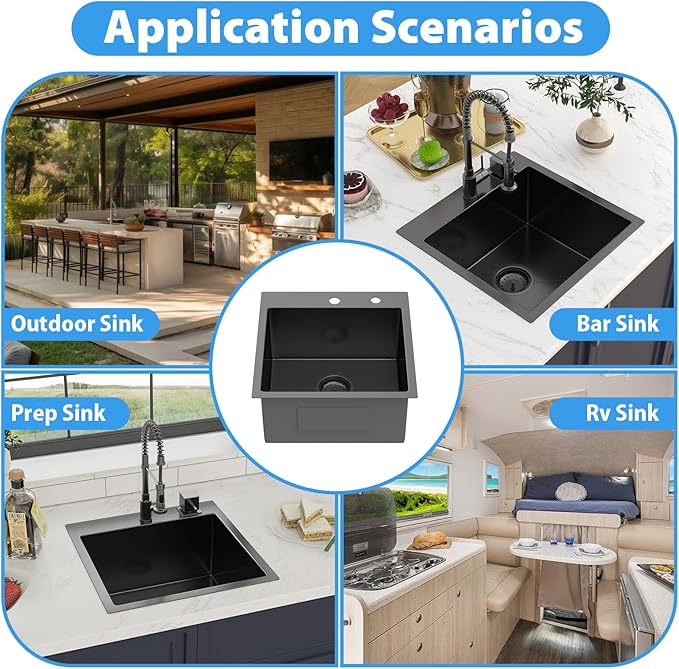 18 In Gunmetal Black Drop Bar Sink 18 x 18 Inch Kitchen Sink 18 Gauge Stainless Steel Single Bowl Topmount Handmade Sink for Outdoor, RV, 18x18x9