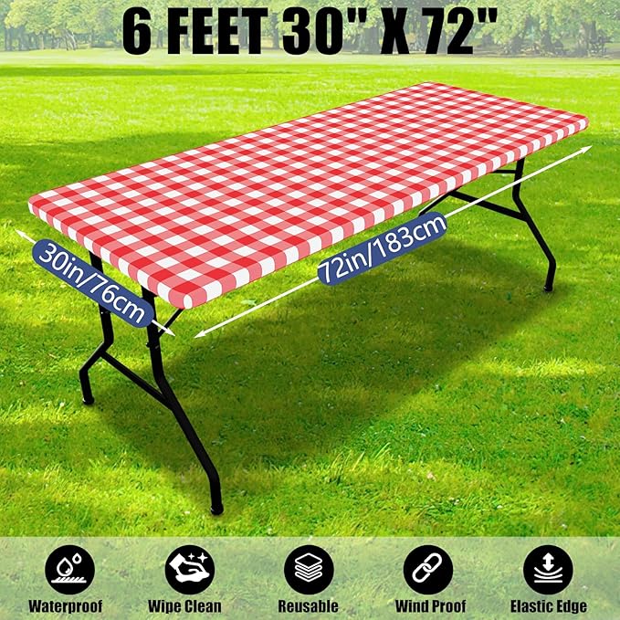 Smiry Picnic Table Cloth 2 Pack, Waterproof Elastic Fitted Tablecloths for 6FT Rectangle Tables, Washable Polyester Buffalo Plaid Tablecloth for Camping, Dining & Christmas (Red & White, 30" x 72")