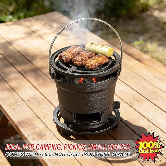 2-in-1 Hibachi Grill & S'mores Maker, 100% Pre-Seasoned Cast Iron, 6.5" Mini Small Portable Charcoal BBQ Grill for Outdoor Camping - 2 Heights, Draft Door