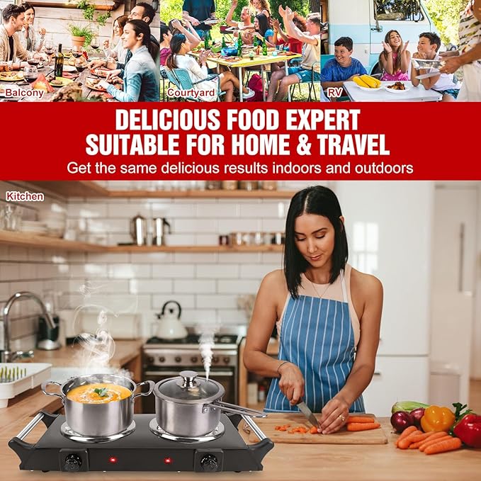 2000W Hot Plate,Portable Electric Stove Countertop Double Coil Burners W/5 Level Temperature Control & Stay Cool Handles, Easy to Clean, Lightweight Cast Iron Electric Stove for RV/Home/Camp 110V