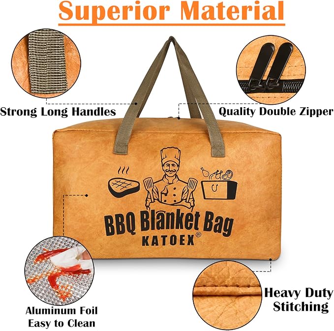 BBQ Blanket for Resting Meat, Insulated Brisket Resting Blanket for Smoking, Reusable BBQ Meat Resting Bag with Handle Strap & Wide Mouth for Large Briskets/Pork Shoulders/Turkeys (18in)