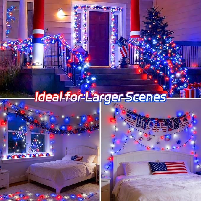 Red White and Blue Lights String for 4th of July Decorations Outdoor Total 100LED 33Ft Battery Operated with Timer 8 Modes Waterproof 50LED*2 for Memorial Day Decorations Patriotic Decor 2-Pack