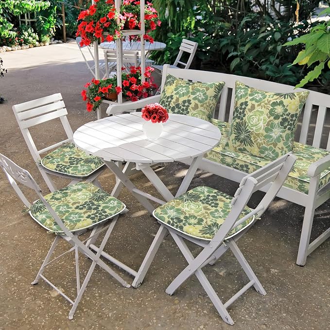 DYTXIII Set of 4 Outdoor Chair Cushions with Ties,Water Repellent Patio Chair Pads 17"x 16" for Outdoor Furniture,Round Corner Seat Cushions for Garden Yard Kitchen Green Rose