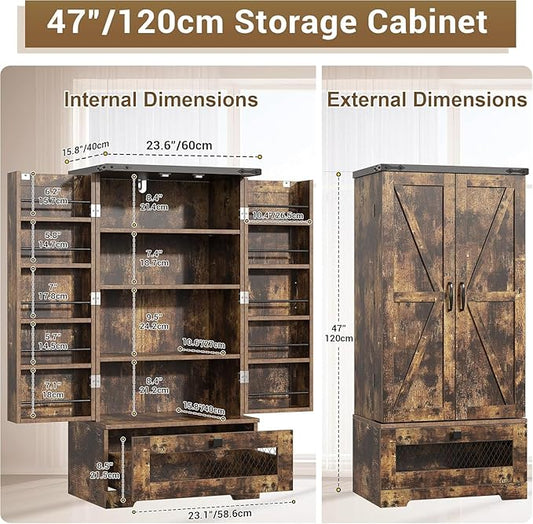 kepptory Farmhouse Pantry Cabinet with Barn Door & Adjustable Shelves, Freestanding Kitchen Storage Cabinet for Dining Room, Bathroom, Hallway (Brown)