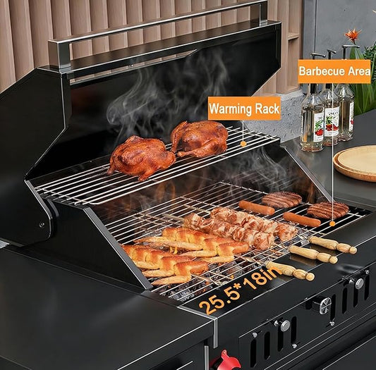 Built-In Charcoal BBQ Grill, Stainless Steel Charcoal Grills with Liftable Tray, Visible Insulated Hood &Temperature Gauge, Baking Tray &Roasting Fork,for Patio Backyard Parties Barbecue
