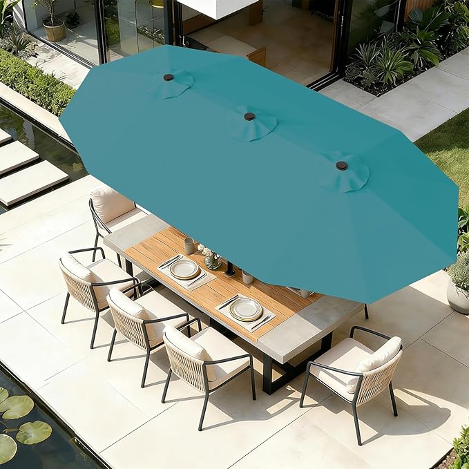 AreShark 15FT Outdoor Patio Umbrella with Crank, Large Rectangular Market Umbrella, Double-Sided Outdoor Umbrellas with Cross Base & Sandbag for Porch, Lawn, Pool, Backyard, Lake Blue
