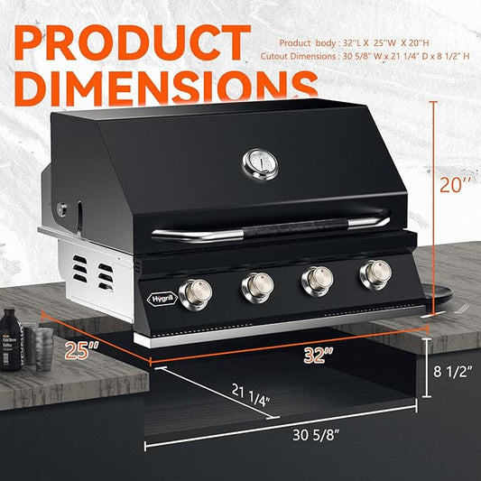 Hygrill STD Series 32-Inch Built In Grill for Liquid Propane, Stainless Steel Outdoor Kitchen 4-Burner Grill Head, Black