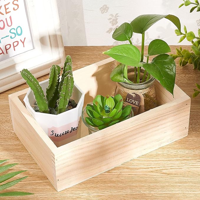 2Pcs 7.5"×5"×2.4" Natural Wooden Succulent Planter Plant Container | Wood Organizer Window Boxes Holding Bottles & Items Rectangular Flower Pot Storage Box for Indoor Outdoor Home Venue Decor