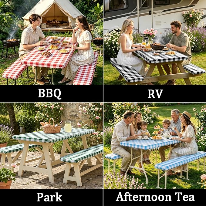 Poise3EHome Picnic Table Cover with Bench Covers, 6 Foot Fitted Elastic Tablecloth Set, Heavy Duty Polyester with TPU Waterproof Backing, Washable Outdoor Picnic Set for Camping,RV & Park(Black&White)