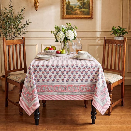 Block Print Tablecloth, 60 x 60 inch Fabric Square Table Cover Flower Table Cloth for Mahjong Weddings Spring Summer and Barbeque Farmhouse Dining Dinner Tablecloth(Style A,Pink)