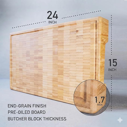 XXL Bamboo Cutting Board, 24 x 15 Inch (ExtraThick 1.7") Hardwood Professional Butcher Block, Charcuterie Board. End Grain Non Toxic Wood Chopping Board (Oil & Plate Included)