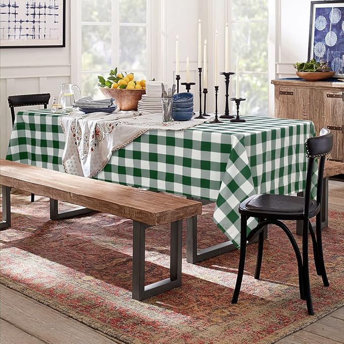 Hiasan Christmas Plaid Tablecloth Waterproof, 2 Pack, 60 x 120 inch - Checkered Table Cloth Rectangle for Holiday/Spring Party/Outdoor Picnic/Kitchen, Forest Green and White