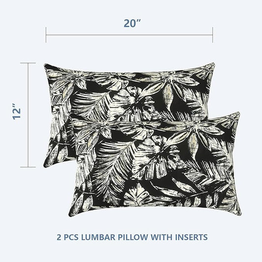 LVTXIII Outdoor/Indoor Lumbar Pillows, Decorative Patio Lumbar Cushions, Fluffy Water Repellent Garden Cushions for Home Patio Coach Sofa Use, 12×20 Inch, Pack of 2, Tropical Leaf Black