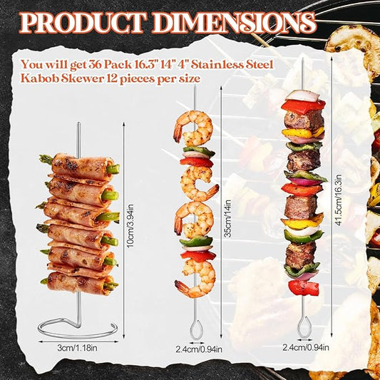 36 Pack 16.3in/14in/3.9in Stainless Steel Kabob Skewer for Grilling, Bacon Skewers, Metal Barbecue Skewers, Large and Mini BBQ Sticks for Baking, Camping, Family Gatherings