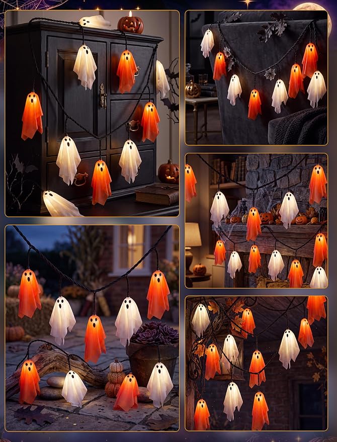 8.5Ft 10 LED Halloween Light Up Decoration Flying Ghost Lights Orange White | 4.8W 120V, Plug in End-to-End Connectable, Waterproof & Shatterproof, UL Listed for Yard Patio Party Porch Halloween Decor