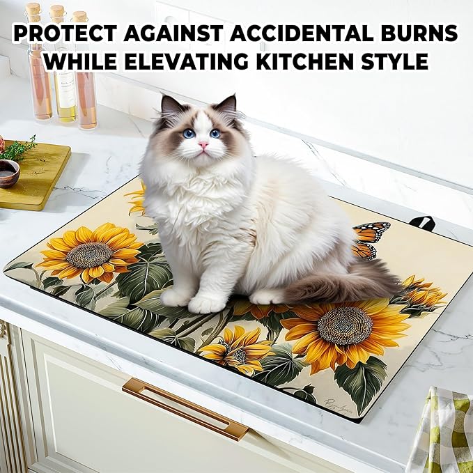 Stove Top Cover Retro Flower Gas Stove Top Cover for Home Decoration Kitchen Pad Non-Stick Washable Cooktop Covers Countertop Protector Keep Stove Clean 28"x20" (sunflower-1)