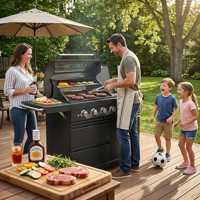 46" Outdoor Kitchen Island with Side Burner, 4-Burner 75,300 BTU Propane Gas BBQ Island with Rotisserie, Side Prep Shelf, Storage Drawers, LP/NG Convertible, for Backyard and Patio Cooking, Black